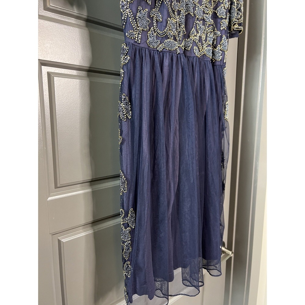 ASOS Dress Women 14 Navy Blue Beaded Short Sleeve Sequin‎ Bling Wedding Guest - Picture 5 of 11